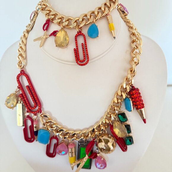 NWT Betsey Johnson Back To School Charm Statement Necklace bracelet set - Picture 1 of 4